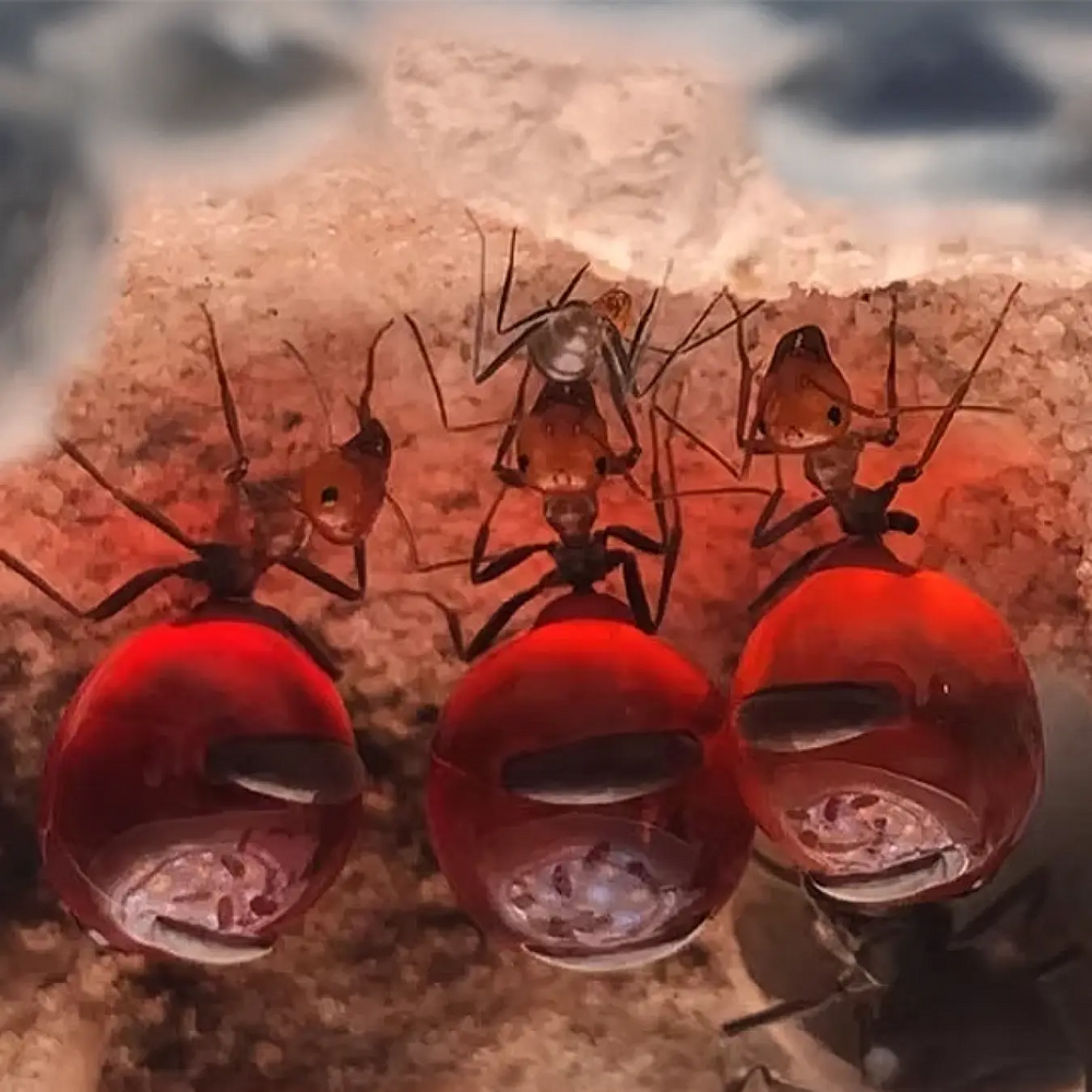 Myrmecocystus placodops ants and swollen workers in a colony