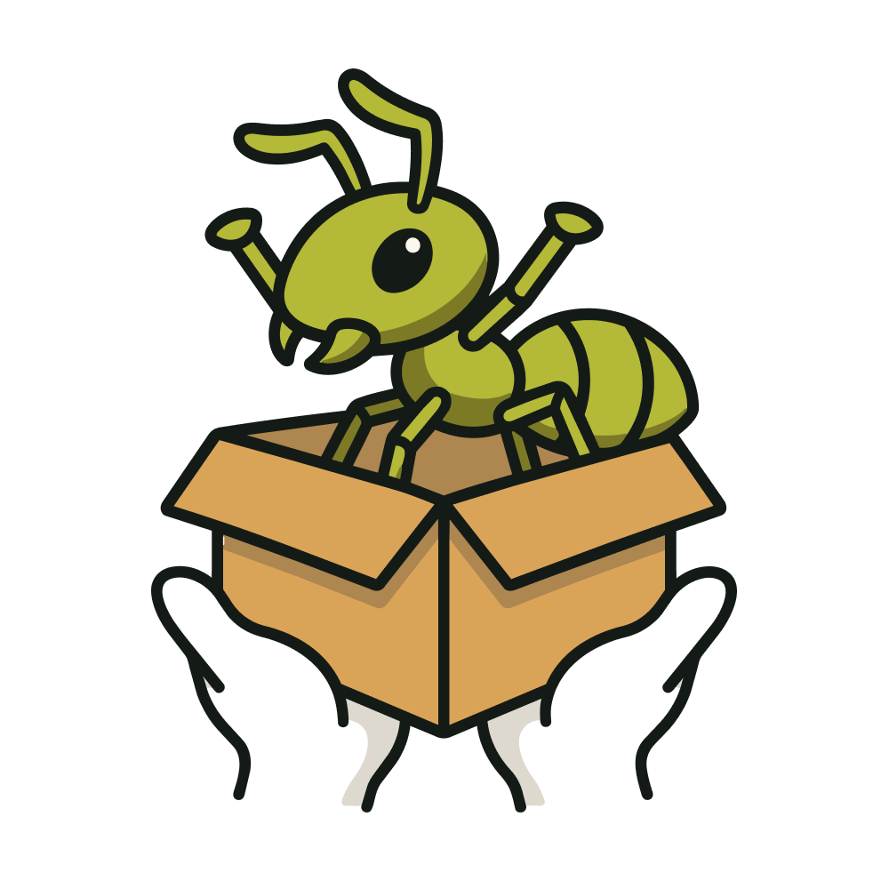 Ants HQ ant mascot presenting a delivered parcel